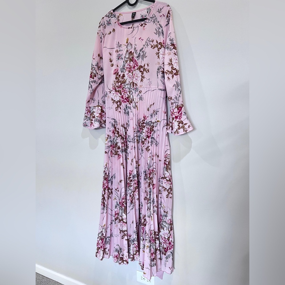 SHEIN Pink Floral Pleated Long Sleeve Maxi Dress